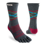 Trail Midweight Crew - Unisex by Injinji in grey with red and blue toesock design, ideal for long runs and rugged hikes preventing blisters