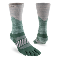 Trail Midweight Crew - Women by Injinji in green and gray with toe-wrap design for reduced friction, ideal for fast movement on rugged terrain