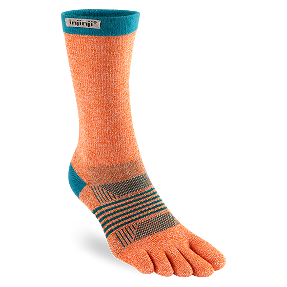 Trail Midweight Crew - Women by Injinji in orange and teal toe sock designed for toe splay and reducing friction ideal for rugged terrain running