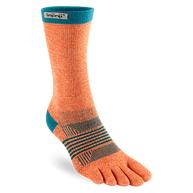 Trail Midweight Crew - Women by Injinji in orange and teal toe sock designed for toe splay and reducing friction ideal for rugged terrain running