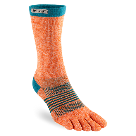 Trail Midweight Crew - Women by Injinji in orange and teal toe sock designed for toe splay and reducing friction ideal for rugged terrain running
