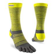 Trail Midweight Crew - Women by injinji in yellow and grey with toe fabric to reduce friction, designed for fast movement on rugged terrain