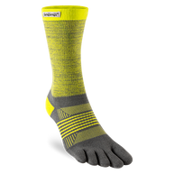 Trail Midweight Crew - Women by Injinji in grey and yellow with toe fabric to minimize friction, designed for fast movement on rugged terrain