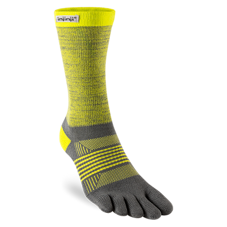 Trail Midweight Crew - Women by Injinji in grey and yellow with toe fabric to minimize friction, designed for fast movement on rugged terrain
