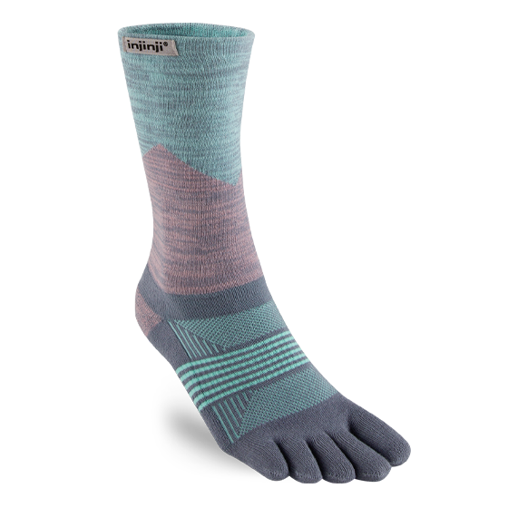 Trail Midweight Crew - Women by Injinji in teal and mauve with toe wrap design to reduce friction, ideal for fast movement on rugged terrain