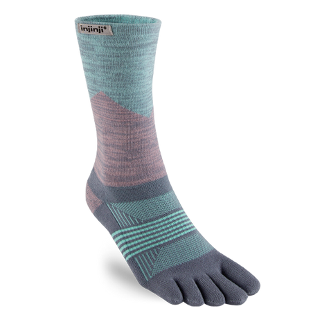 Trail Midweight Crew - Women by Injinji in teal and mauve with toe wrap design to reduce friction, ideal for fast movement on rugged terrain