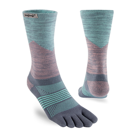 Injinji Trail Midweight Crew women's toe socks in Quartz, side and heel views of the teal and mauve sock
