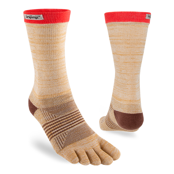Trail Midweight Crew - Women by Injinji in beige and red toe socks with individual toe fabric, designed for fast movement on rugged terrain