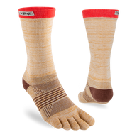 Trail Midweight Crew - Women by Injinji in beige and red toe socks with individual toe fabric, designed for fast movement on rugged terrain