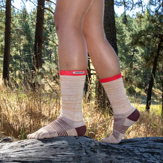 Trail Midweight Crew - Women by Injinji in beige and red toe socks with individual toe fabric, designed for fast movement on rugged terrain