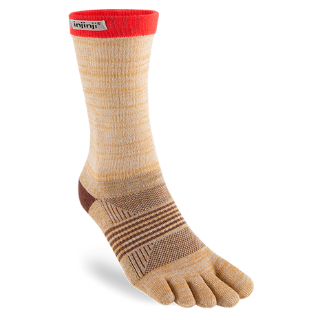Trail Midweight Crew - Women by Injinji in beige and red toe socks designed to minimize friction and support fast movement on rugged terrain