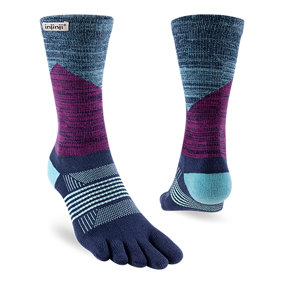 Trail Midweight Crew - Women by Injinji in blue and purple with toe wrap design to reduce friction, ideal for fast movement on rugged terrain