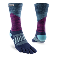 Trail Midweight Crew - Women by Injinji in blue and purple with toe wrap design to reduce friction, ideal for fast movement on rugged terrain