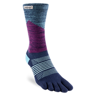 Trail Midweight Crew - Women by Injinji in blue and purple with toe fabric to reduce friction, designed for fast movement on rugged terrain