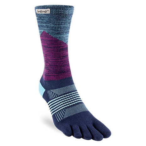 Trail Midweight Crew - Women by Injinji in blue and purple with toe fabric to reduce friction, designed for fast movement on rugged terrain