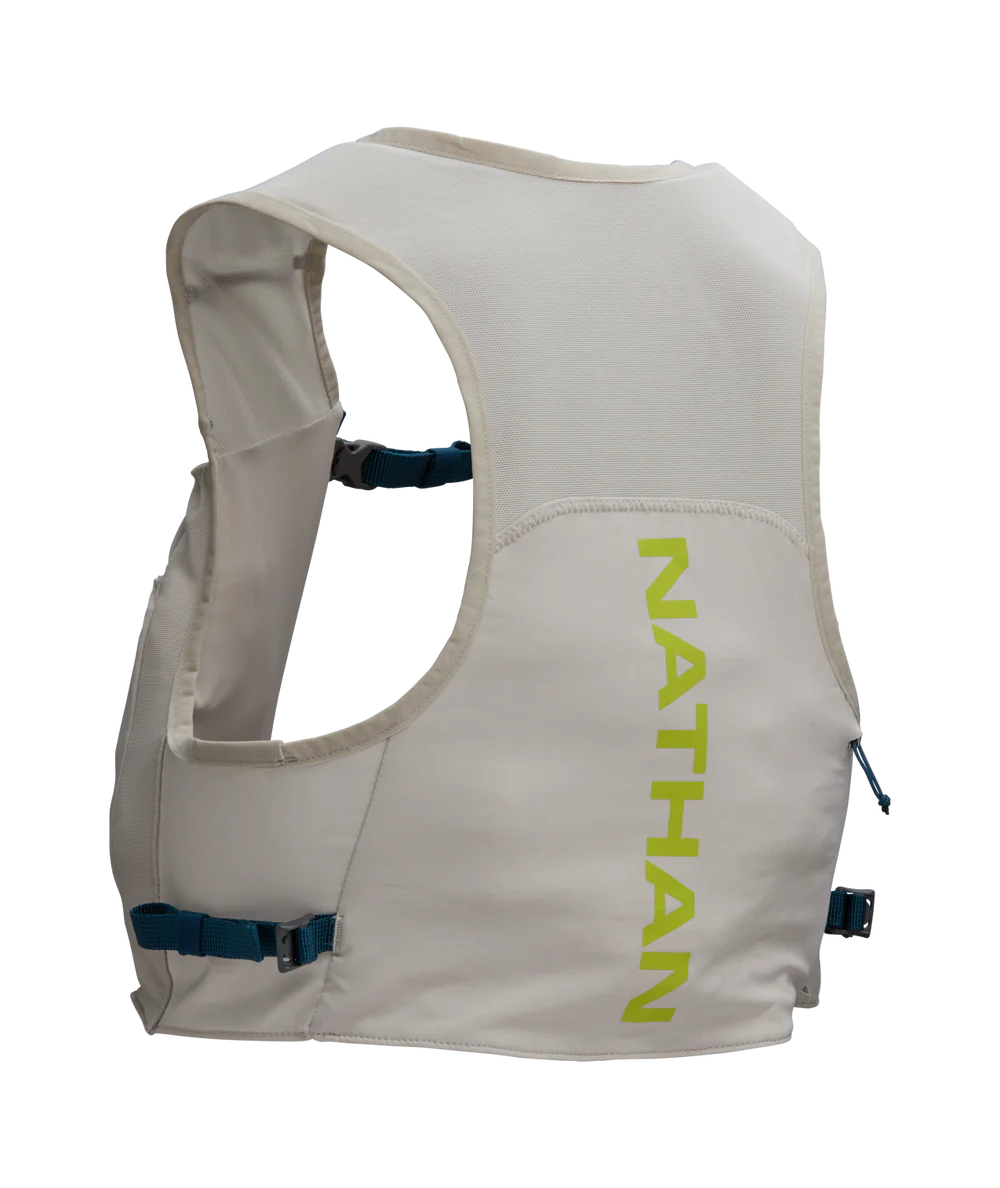 Pinnacle Run Lite Vest by Nathan in light beige with breathable, ultra-lightweight design and hydration storage for road and trail running