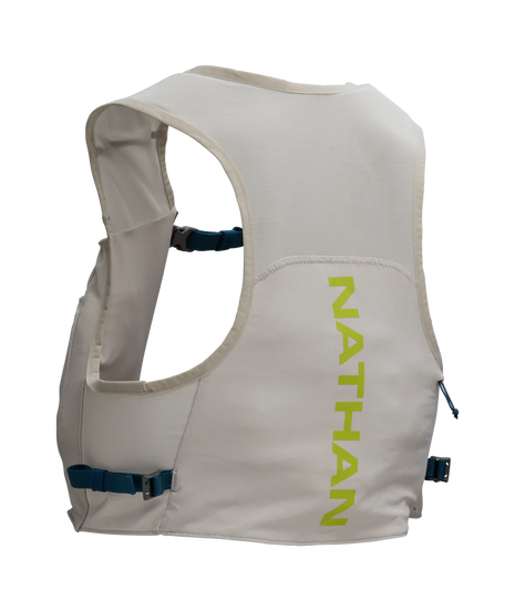 Pinnacle Run Lite Vest by Nathan in light beige with breathable, ultra-lightweight design and hydration storage for road and trail running