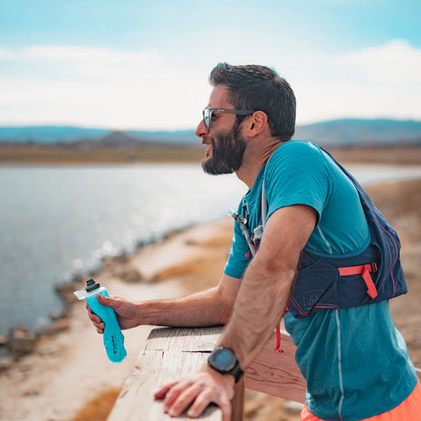 SoftFlask 250ml by Hydrapak in blue, collapsible lightweight hydration flask with soft silicone bite valve ideal for trail running and outdoor use
