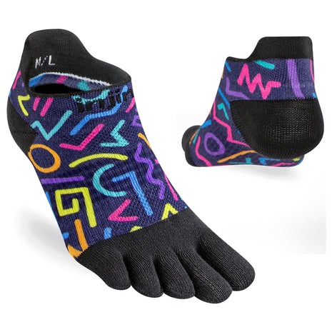 Spectrum Run Lightweight No-Show - Unisex by Injinji in black with colorful abstract print, five-toe socks for blister prevention and running comfort