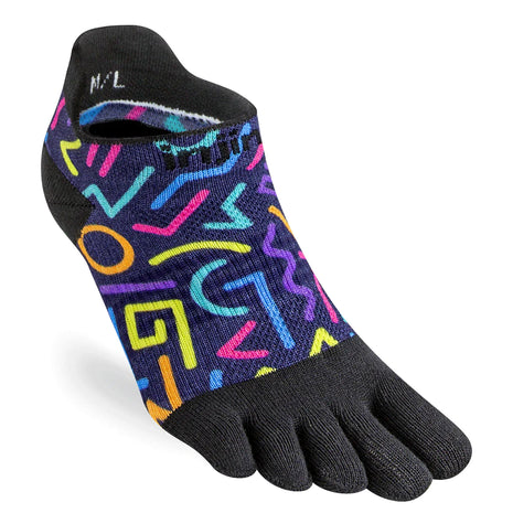 Spectrum Run Lightweight No-Show - Unisex by Injinji in black with multicolor pattern, five-toe design for blister prevention, ideal for running