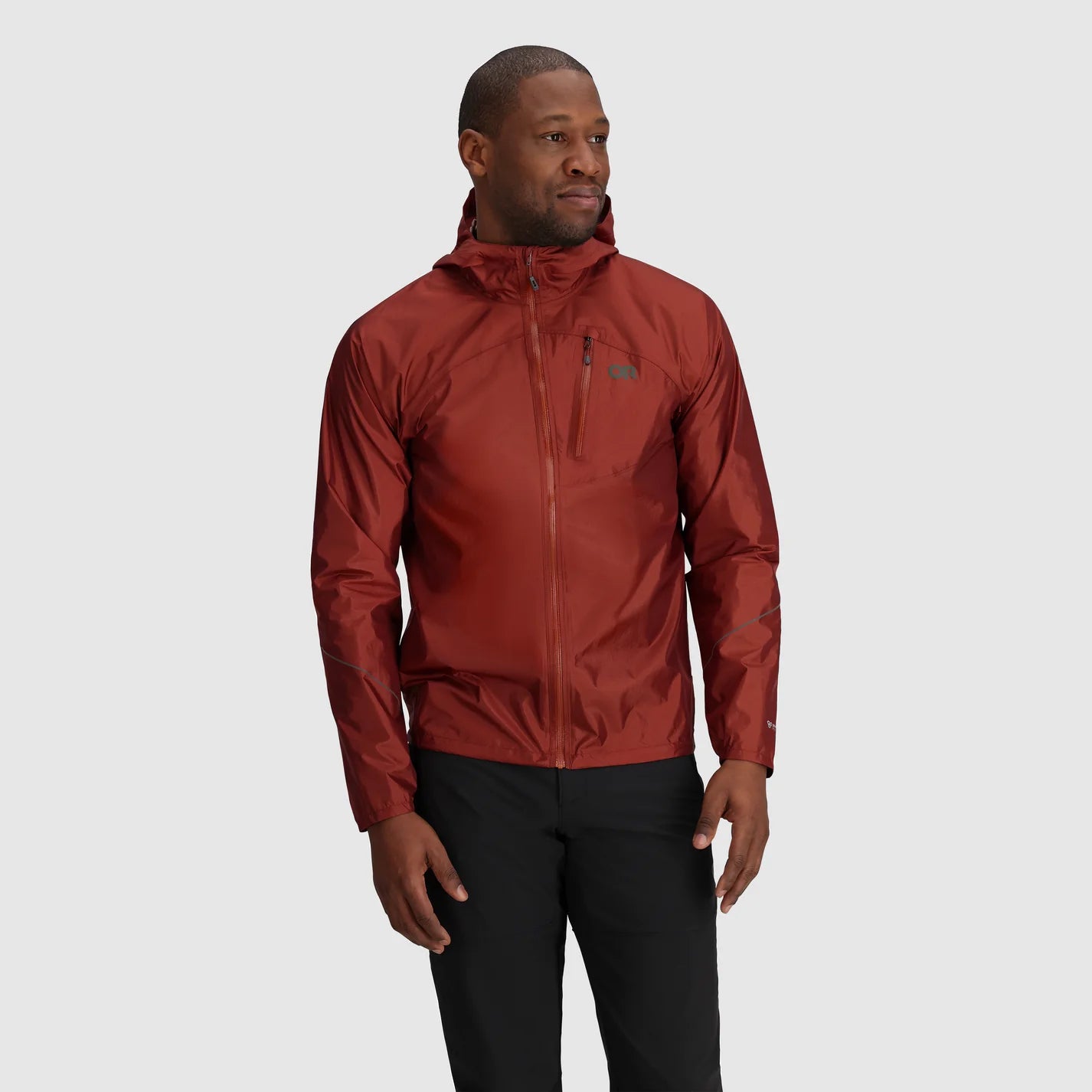 Helium Rain Jacket - Men by Outdoor Research in deep red, lightweight waterproof jacket with durable protection and packable design for outdoor use