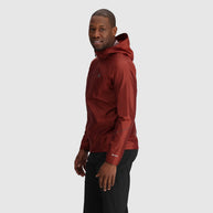 Helium Rain Jacket - Men by Outdoor Research in deep red lightweight waterproof jacket with durable hood for reliable rain protection and packability