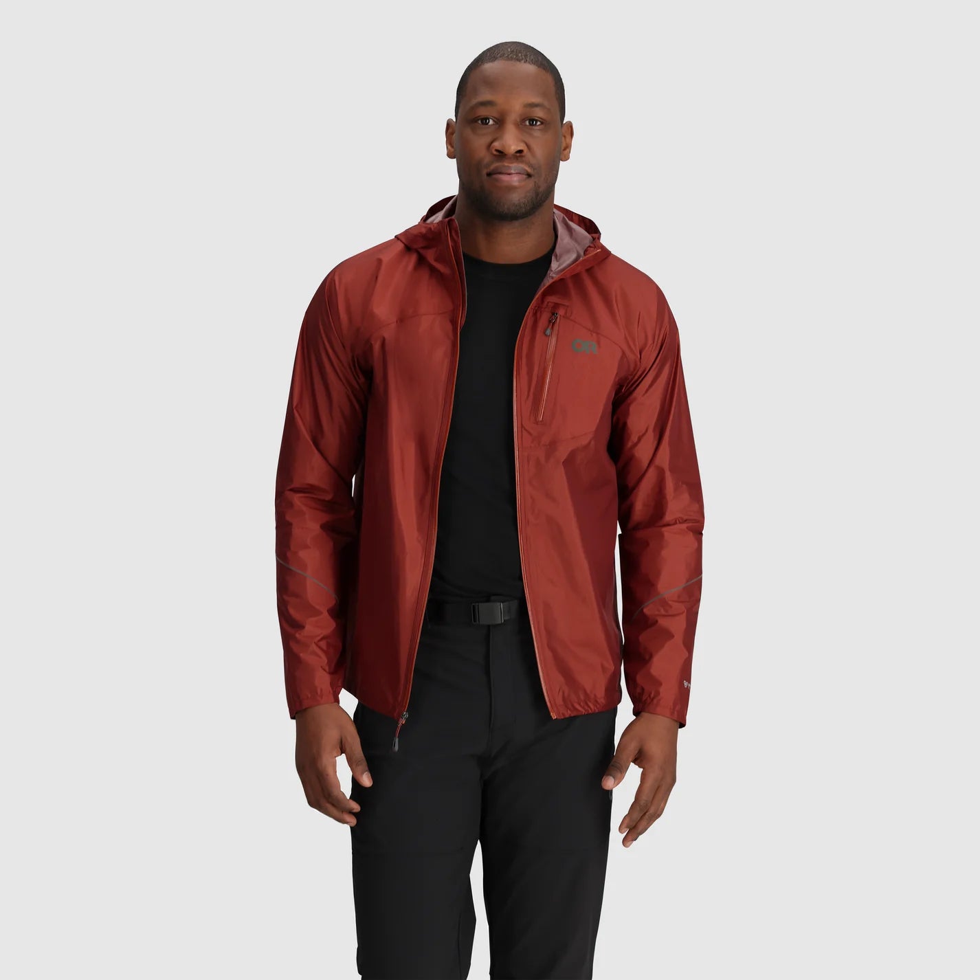 Helium Rain Jacket - Men by Outdoor Research in burnt orange, lightweight waterproof jacket with durable protection ideal for outdoor use