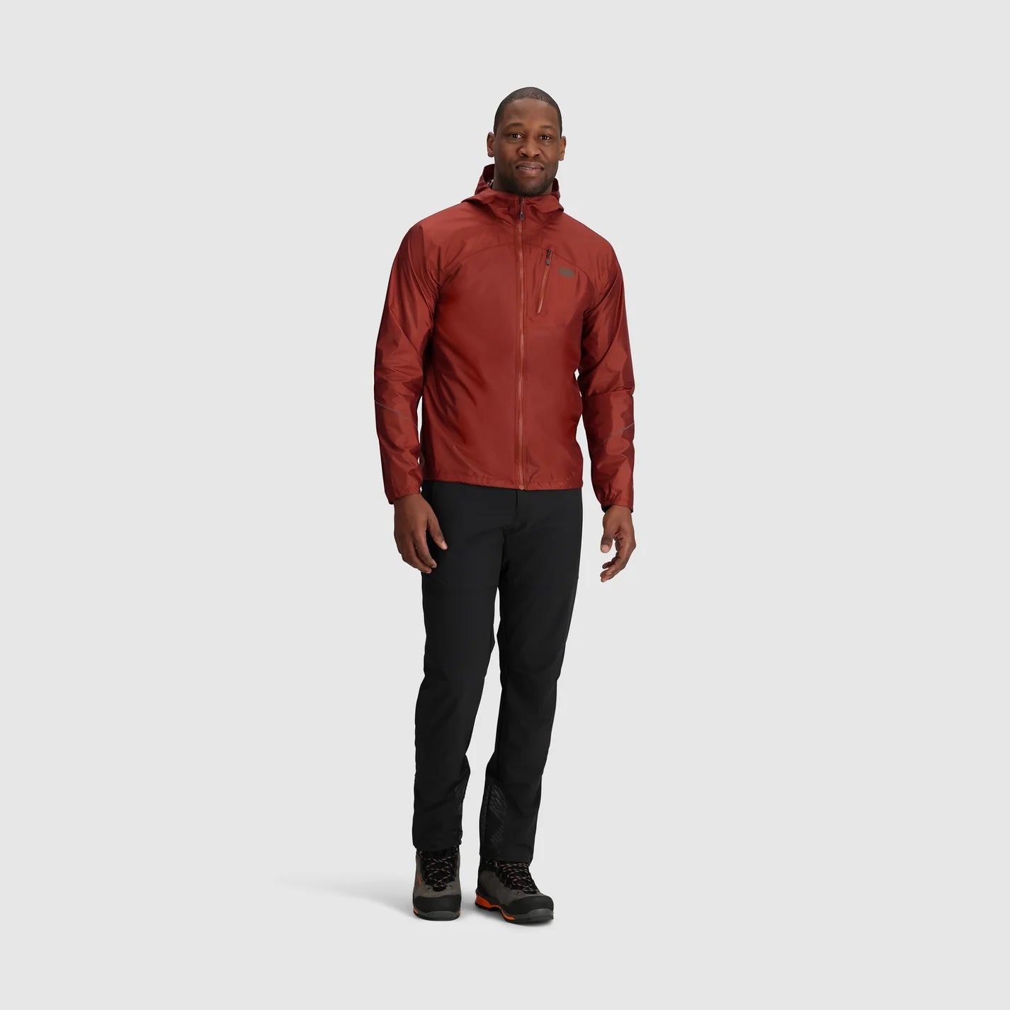 Helium Rain Jacket - Men by Outdoor Research in rust red, lightweight waterproof jacket with durable protection ideal for outdoor use