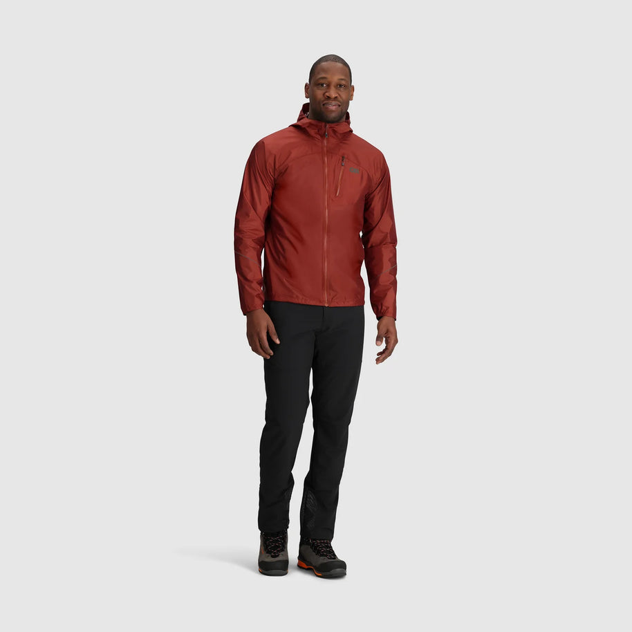 Helium Rain Jacket - Men by Outdoor Research in rust red, lightweight waterproof jacket with durable protection ideal for outdoor use