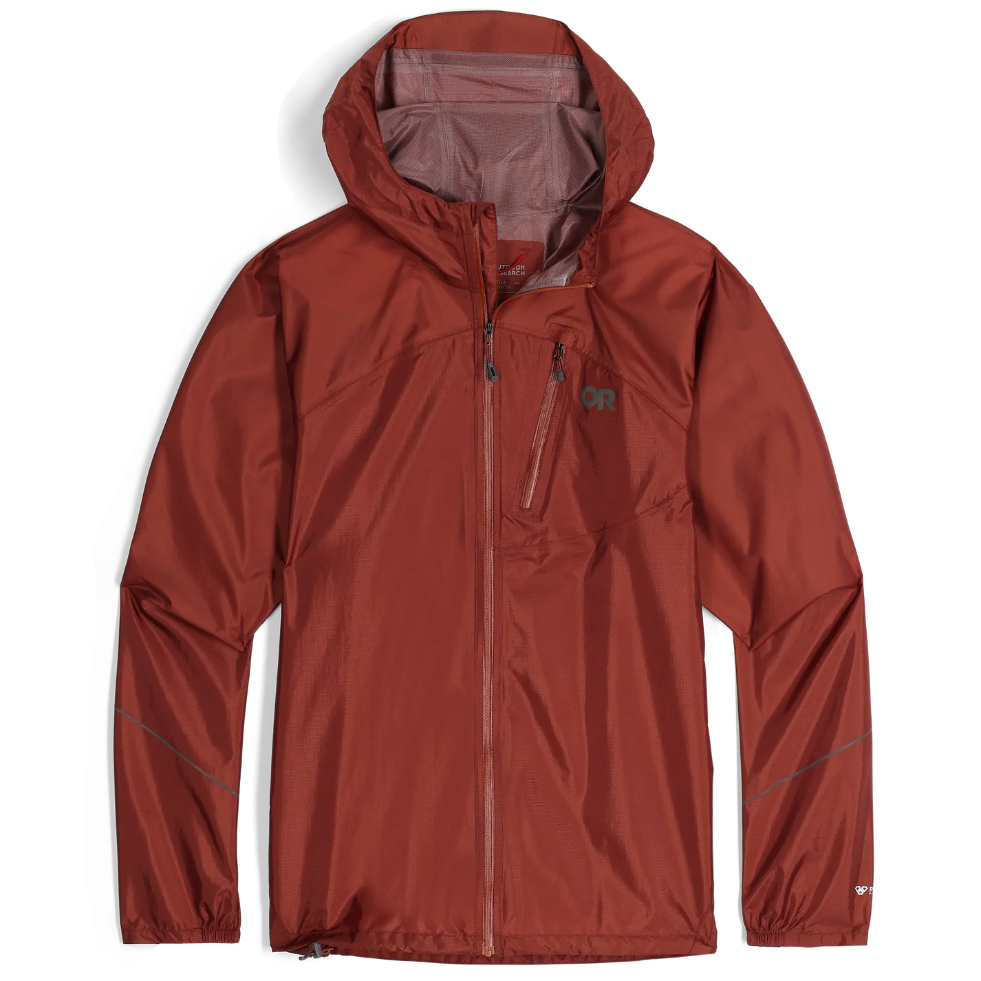 Helium Rain Jacket - Men by Outdoor Research in rust red, lightweight durable waterproof jacket ideal for outdoor protection and running