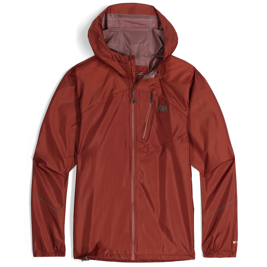 Helium Rain Jacket - Men by Outdoor Research in rust red, lightweight durable waterproof jacket ideal for outdoor protection and running