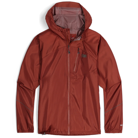 Helium Rain Jacket - Men by Outdoor Research in rust red, lightweight durable waterproof jacket ideal for outdoor protection and running