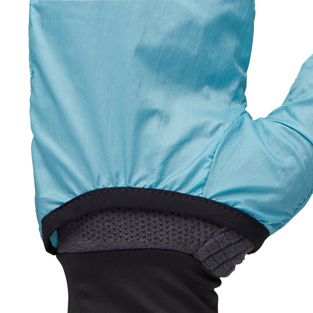 Deploy Wind Hood Gloves by Black Diamond in light blue with stowable wind hood, ideal for year-round training and cold weather protection