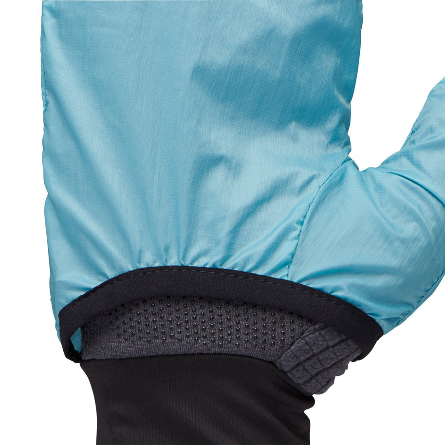 Deploy Wind Hood Gloves by Black Diamond in light blue with stowable wind hood, ideal for year-round training and cold weather protection