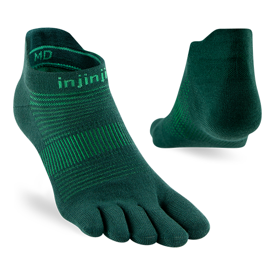 Injinji Run Lightweight No-Show - Unisex green five-toe socks designed for running with blister prevention and lightweight performance.