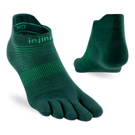 Injinji Run Lightweight No-Show - Unisex green five-toe socks designed for running with blister prevention and lightweight performance.