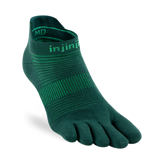 Injinji Run Lightweight No-Show - Unisex green five-toe sock designed for running, low bulk, blister prevention, best for all surfaces.