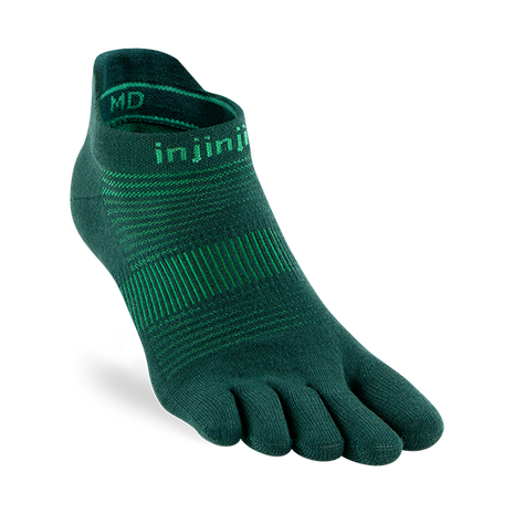 Injinji Run Lightweight No-Show - Unisex green five-toe sock designed for running, low bulk, blister prevention, best for all surfaces.