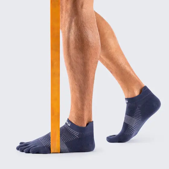 Run Original Weight No-Show by Injinji in navy blue, low-bulk performance toe socks preventing blisters for running and racing year-round