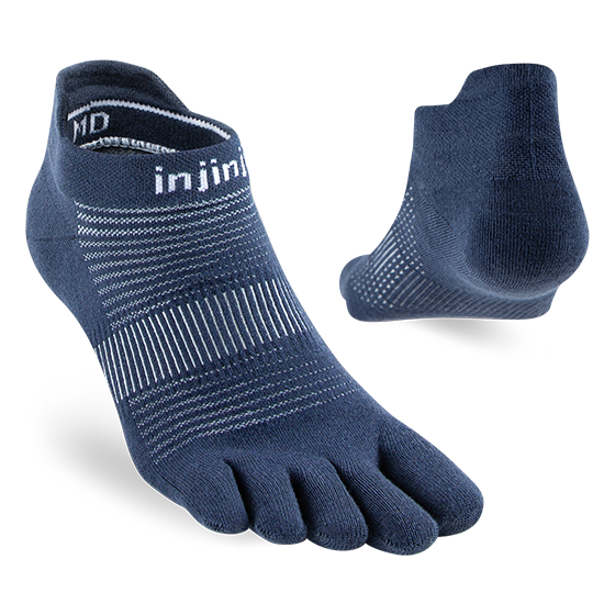 Run Lightweight No-Show - Unisex navy blue Injinji five-toe socks designed to reduce friction and blisters for running on all surfaces