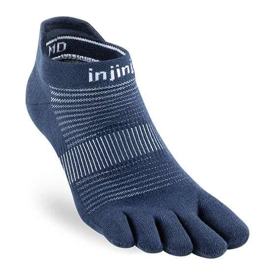Injinji Run Lightweight No-Show - Unisex navy blue five-toe socks designed for blister-free running on all surfaces, lightweight and breathable