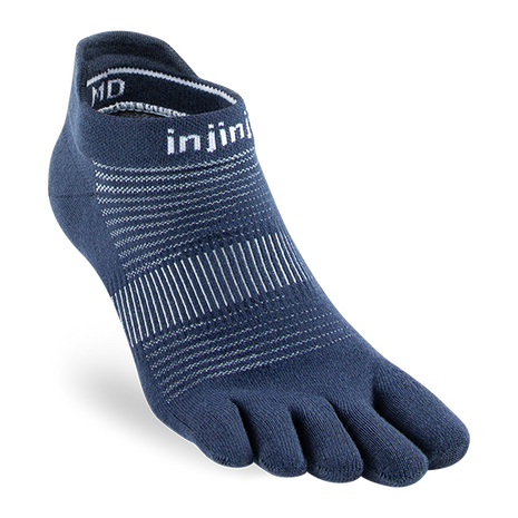 Injinji Run Lightweight No-Show - Unisex navy blue five-toe socks designed for blister-free running on all surfaces, lightweight and breathable