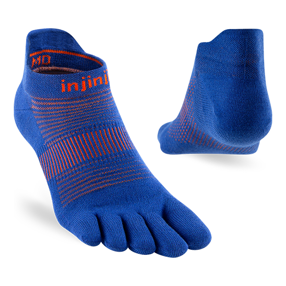 Injinji Run Lightweight No-Show - Unisex blue and orange five-toe socks designed for running, blister prevention, lowest bulk, optimal toe freedom.