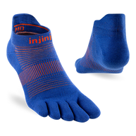 Injinji Run Lightweight No-Show - Unisex blue and orange five-toe socks designed for running, blister prevention, lowest bulk, optimal toe freedom.