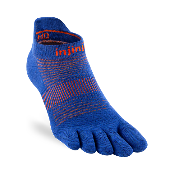Injinji Run Lightweight No-Show - Unisex blue and orange five-toe sock designed for running with blister prevention and low bulk comfort.