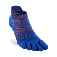 Injinji Run Lightweight No-Show - Unisex blue and orange five-toe sock designed for running with blister prevention and low bulk comfort.