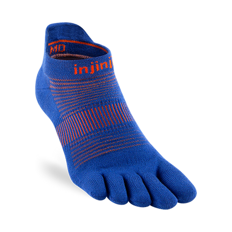 Injinji Run Lightweight No-Show - Unisex blue and orange five-toe sock designed for running with blister prevention and low bulk comfort.