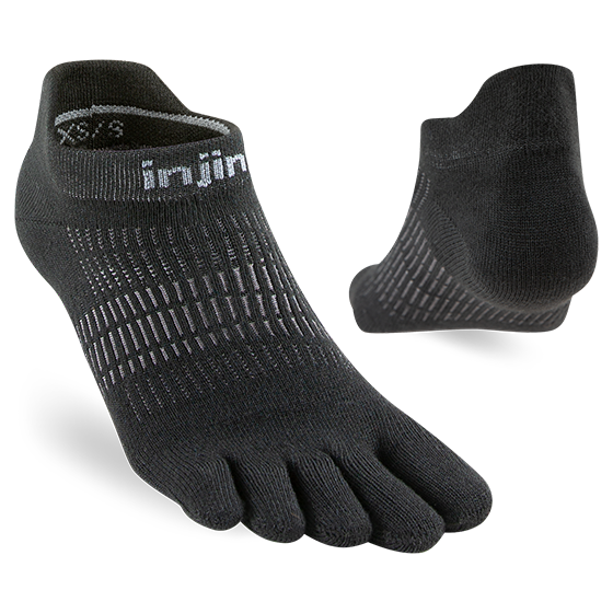 Run Lightweight No-Show - Women by Injinji in black, low-bulk running socks with increased stretch and redesigned toes for better fit