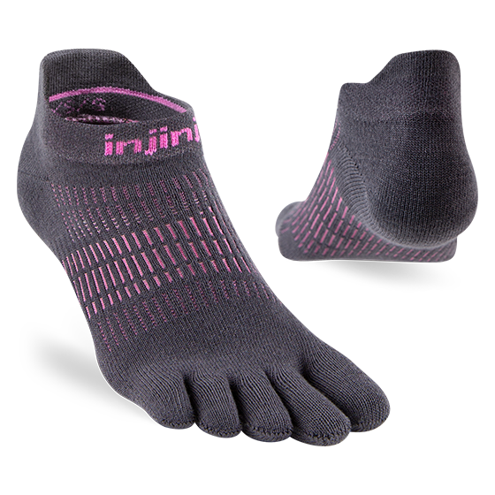 Run Lightweight No-Show - Women by Injinji in black with pink accents, low-bulk toe socks designed for a better fit and all types of runs