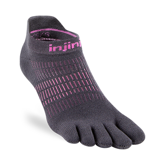 Run Lightweight No-Show - Women by Injinji in black and pink, low bulk running socks designed for narrow fit and enhanced stretch